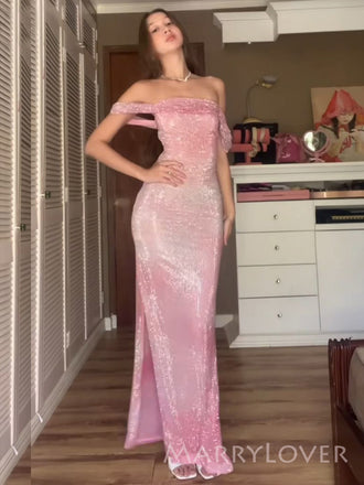 Off Shoulder Pink Mermaid Side Slit Long Evening Prom Dresses, Sparkly Prom Dress, MR9420