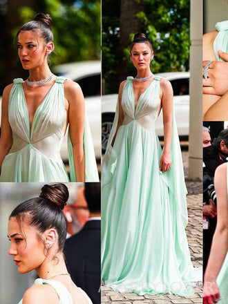 Deep V-neck A-line Sage Green Chiffon Long Evening Prom Dresses, MR9424