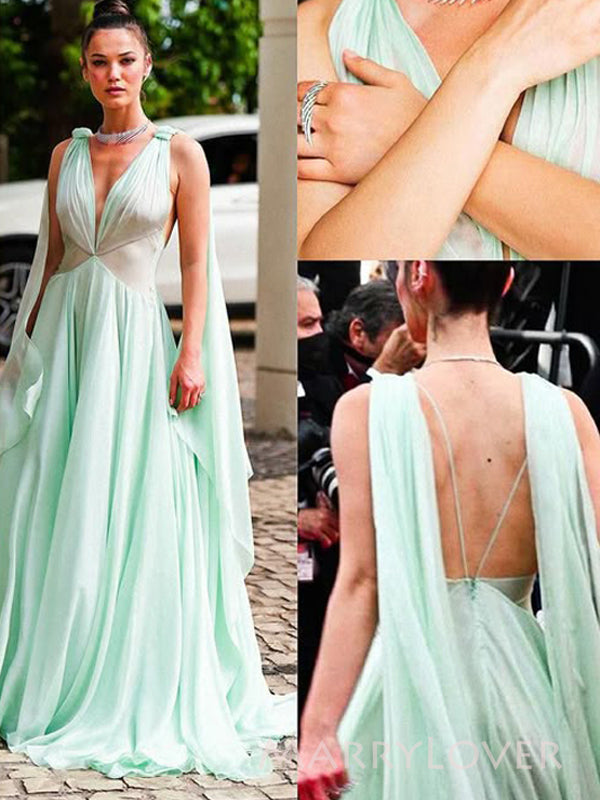 Deep V-neck A-line Sage Green Chiffon Long Evening Prom Dresses, MR9424