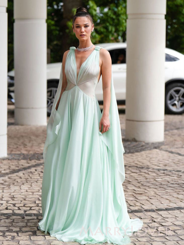 Deep V-neck A-line Sage Green Chiffon Long Evening Prom Dresses, MR9424