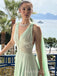 Deep V-neck A-line Sage Green Chiffon Long Evening Prom Dresses, MR9424