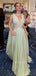 Deep V-neck A-line Sage Green Chiffon Long Evening Prom Dresses, MR9424