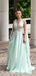 Deep V-neck A-line Sage Green Chiffon Long Evening Prom Dresses, MR9424
