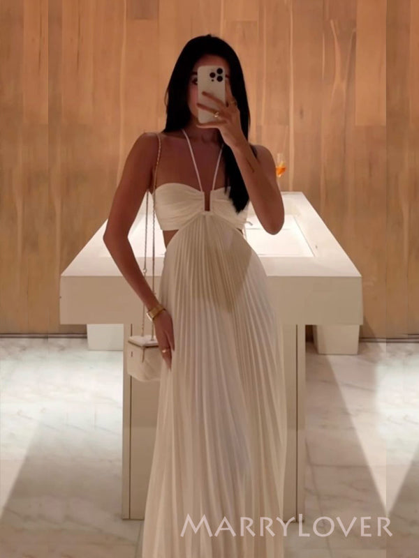 Simple White Chiffon A-line Long Backless Evening Prom Dresses, MR9428