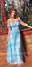 Off Shoulder Blue Tulle A-line Long Evening Prom Dresses, MR9432