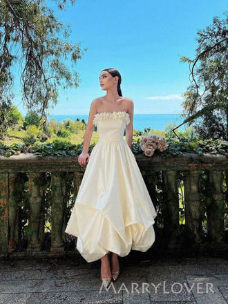 Strapless Ivory Satin Long Evening Prom Dresses, A-line Wedding Dress, MR9433