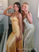 Gold Satin Mermaid Spaghetti Straps Long Evening Prom Dresses, MR9435