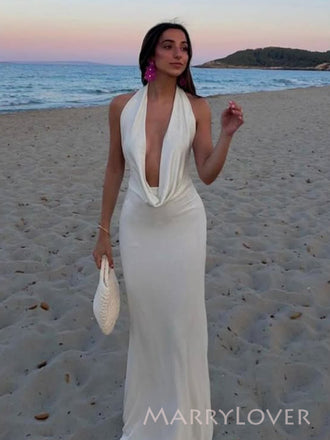 Backless Spaghetti Straps Long Evening Prom Dresses, Mermaid Beach Wedding Dress, MR9436