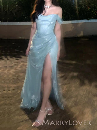 Blue Sparkly High Slit Long Evening Prom Dresses, Off Shoulder Prom Dress, MR9441
