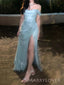 Blue Sparkly High Slit Long Evening Prom Dresses, Off Shoulder Prom Dress, MR9441