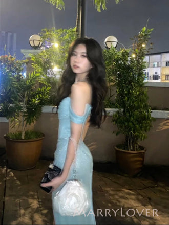 Blue Sparkly High Slit Long Evening Prom Dresses, Off Shoulder Prom Dress, MR9441