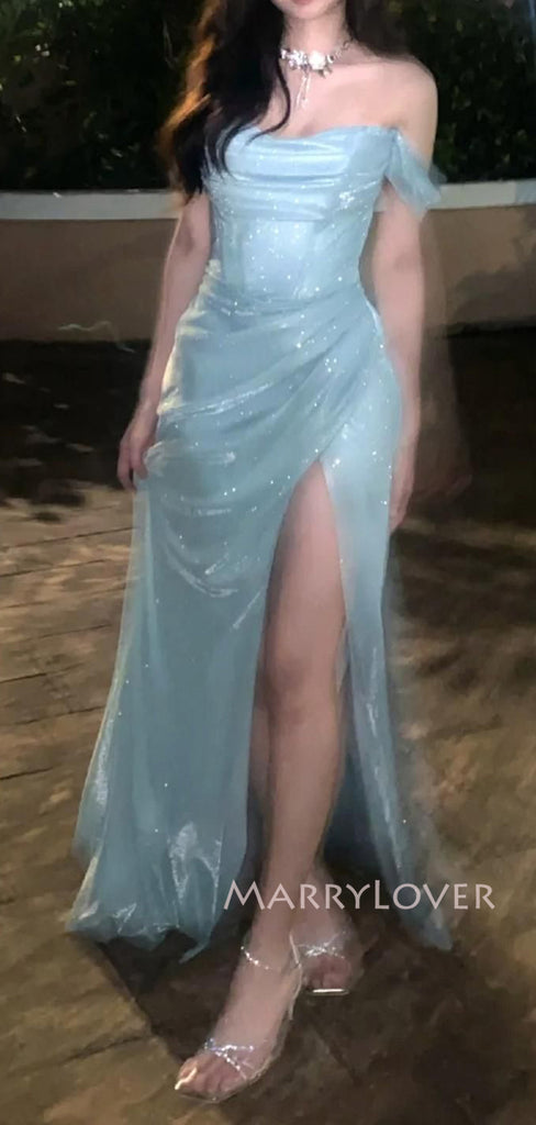 Blue Sparkly High Slit Long Evening Prom Dresses, Off Shoulder Prom Dress, MR9441