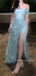 Blue Sparkly High Slit Long Evening Prom Dresses, Off Shoulder Prom Dress, MR9441