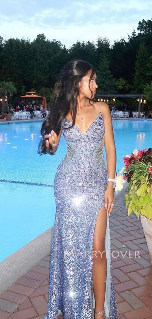 Sexy Mermaid V-neck Sequins Long Evening Prom Dresses, Spaghetti Straps Prom Dress, MR9442