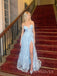 Deep V-neck Blue Lace Spaghetti Straps Long Evening Prom Dresses, MR9443