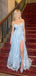 Deep V-neck Blue Lace Spaghetti Straps Long Evening Prom Dresses, MR9443