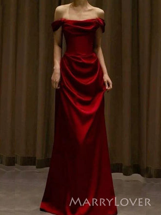 Burgundy Satin Off Shoulder Long Evening Prom Dresses, MR9444