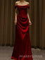 Burgundy Satin Off Shoulder Long Evening Prom Dresses, MR9444