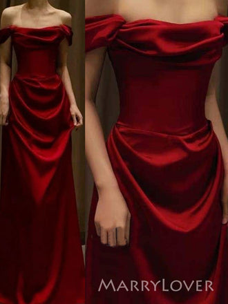 Burgundy Satin Off Shoulder Long Evening Prom Dresses, MR9444