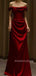 Burgundy Satin Off Shoulder Long Evening Prom Dresses, MR9444