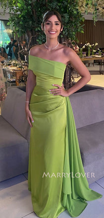 Green Satin Mermaid One Shoulder Long Evening Prom Dresses, MR9449