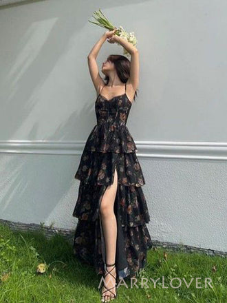 Gorgeous Black A-line Spaghetti Straps Long Evening Prom Dresses, MR9460