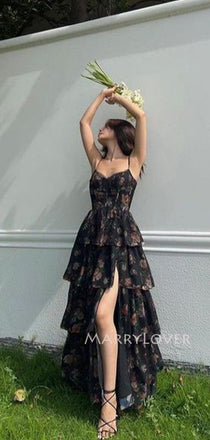 Gorgeous Black A-line Spaghetti Straps Long Evening Prom Dresses, MR9460