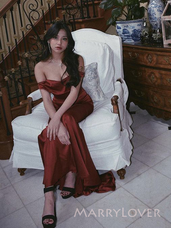 Off Shoulder Burgundy Satin Long Evening Prom Dresses, Mermaid Prom Dress, MR9461