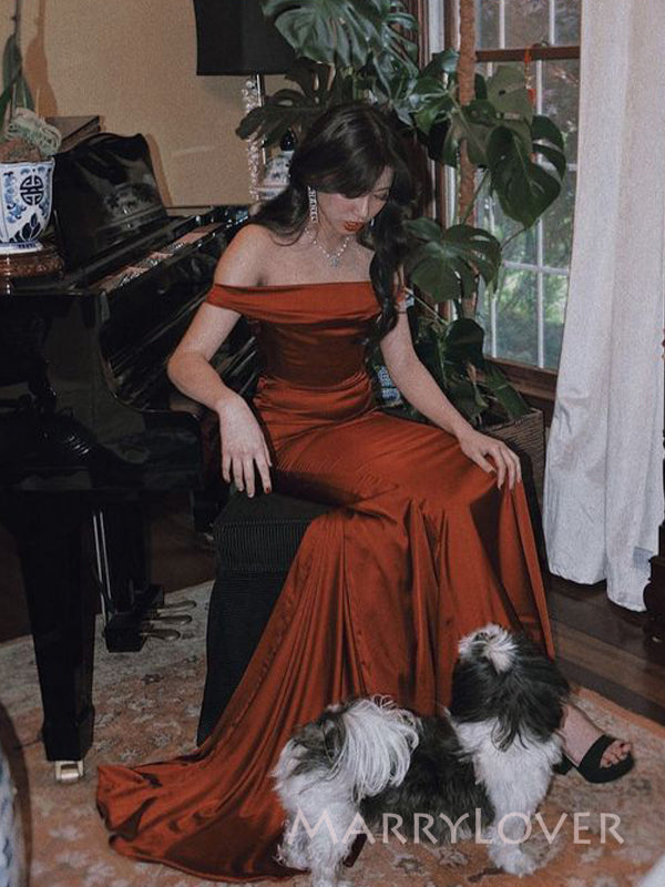 Off Shoulder Burgundy Satin Long Evening Prom Dresses, Mermaid Prom Dress, MR9461