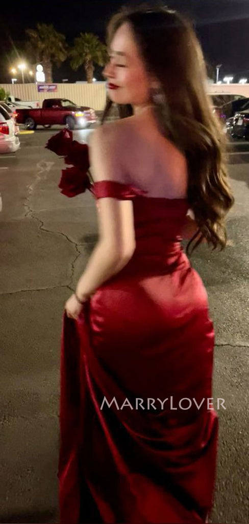 Off Shoulder Burgundy Satin Long Evening Prom Dresses, Mermaid Prom Dress, MR9461