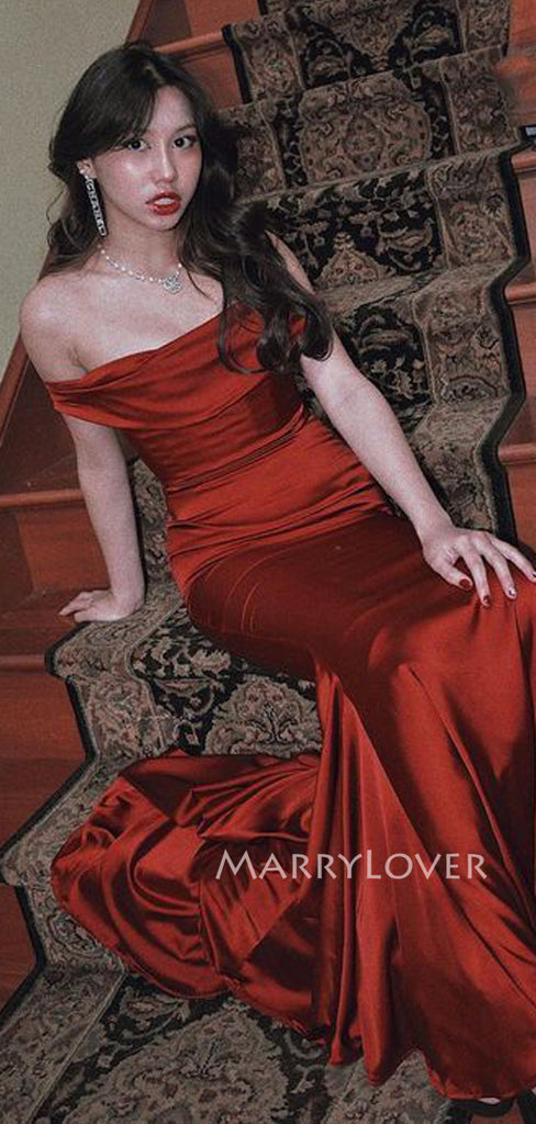 Off Shoulder Burgundy Satin Long Evening Prom Dresses, Mermaid Prom Dress, MR9461