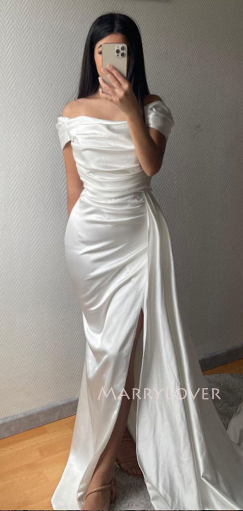 White Satin Mermaid Long Evening Prom Dresses, Off Shoulder Wedding dress, MR9462