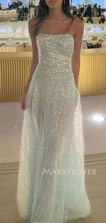 See Through Tulle Sequins Strapless Long Evening Prom Dresses, MR9465