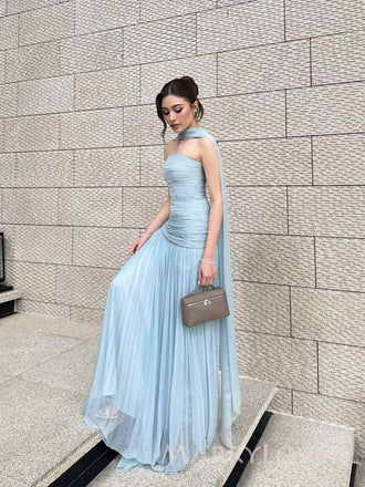 Mermaid Blue Chiffon Strapless Long Evening Prom Dresses, MR9466