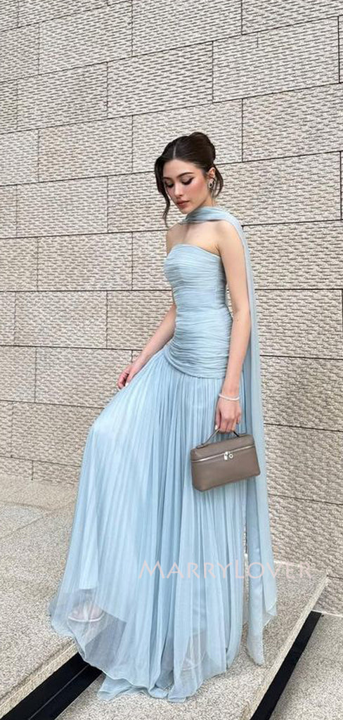 Mermaid Blue Chiffon Strapless Long Evening Prom Dresses, MR9466