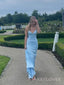 Simple Blue Satin Mermaid Long Evening Prom Dresses, V-neck Prom Dress, MR9467