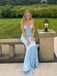 Simple Blue Satin Mermaid Long Evening Prom Dresses, V-neck Prom Dress, MR9467