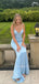 Simple Blue Satin Mermaid Long Evening Prom Dresses, V-neck Prom Dress, MR9467