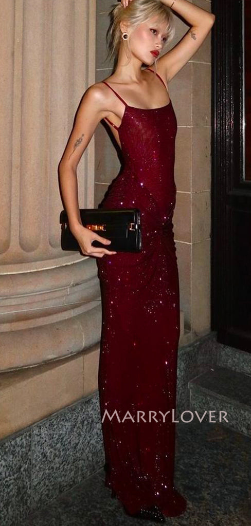 Burgundy Sparkly Mermaid Long Evening Prom Dresses, Spaghetti Straps Prom Dress, MR9468