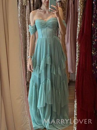 Blue Tulle A-line Long Evening Prom Dresses, Off Shoulder Prom Dress, MR9471