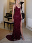 V-neck Burgundy Sequins Mermaid Long Evening Prom Dresses, MR9472