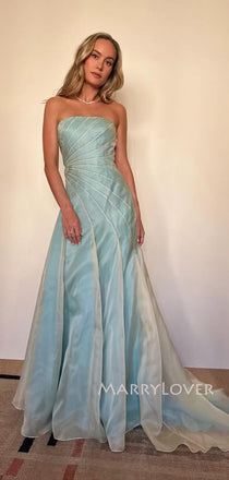 Formal Blue Organza Strapless Mermaid Long Evening Prom Dresses, MR9474