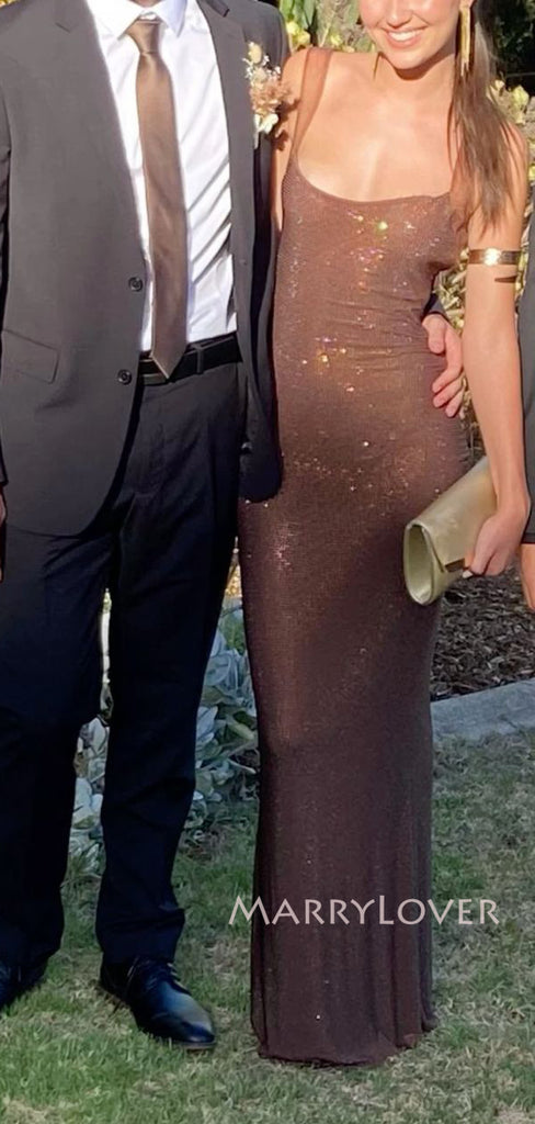 Brown Sparkly Mermaid Long Evening Prom Dresses, Backless Prom Dress, MR9475