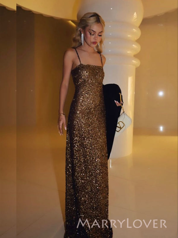 Simple Brown Sequins Mermaid Spaghetti Straps Long Evening Prom Dresses, MR9476