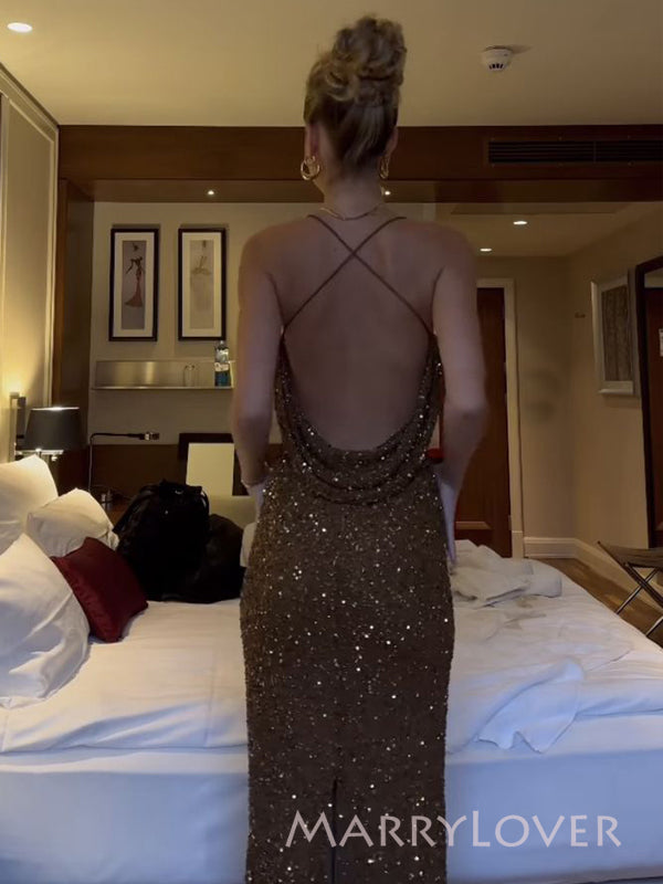 Simple Brown Sequins Mermaid Spaghetti Straps Long Evening Prom Dresses, MR9476