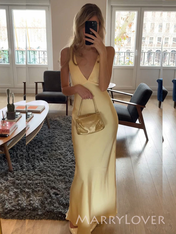 Deep V-neck Yellow Satin Spaghetti Straps Long Evening Prom Dresses, MR9477
