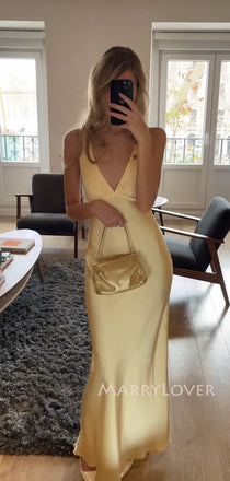 Deep V-neck Yellow Satin Spaghetti Straps Long Evening Prom Dresses, MR9477