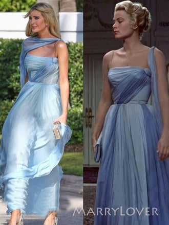 Spaghetti Straps Blue Chiffon A-line Long Evening Prom Dresses, MR9478