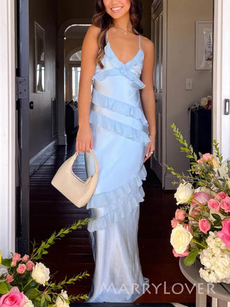 Gorgeous Blue Satin Spaghetti Straps Long Evening Prom Dresses, MR9479