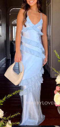 Gorgeous Blue Satin Spaghetti Straps Long Evening Prom Dresses, MR9479